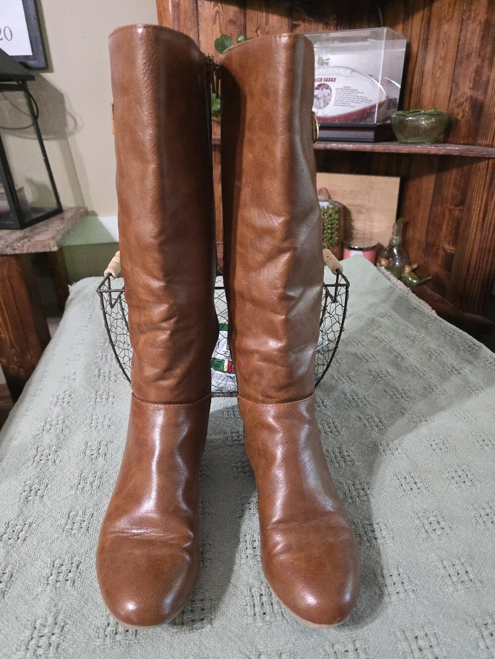 Brown Genuine Leather Knee High Riding Boots Side Zip Buckle